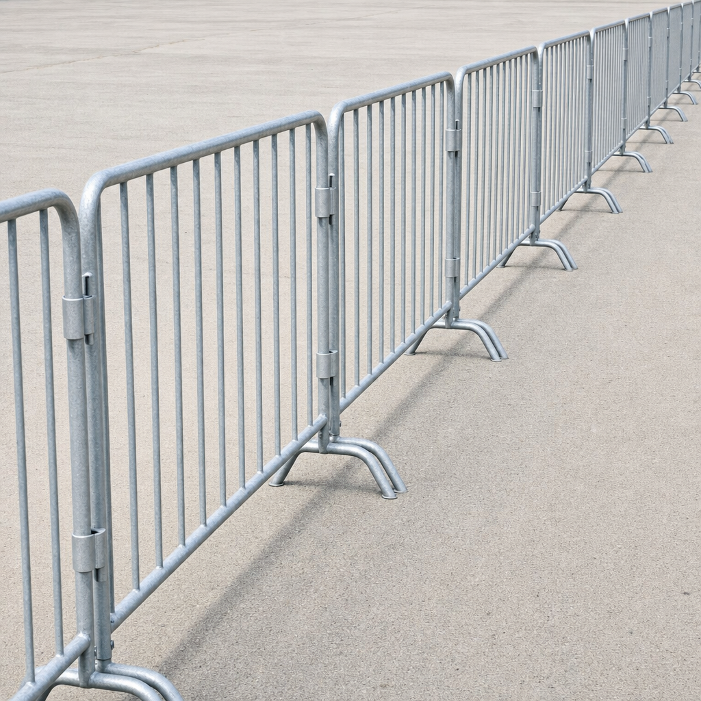 Interlocking bike-rack steel barricades set in a continuous line forming a pedestrian queue